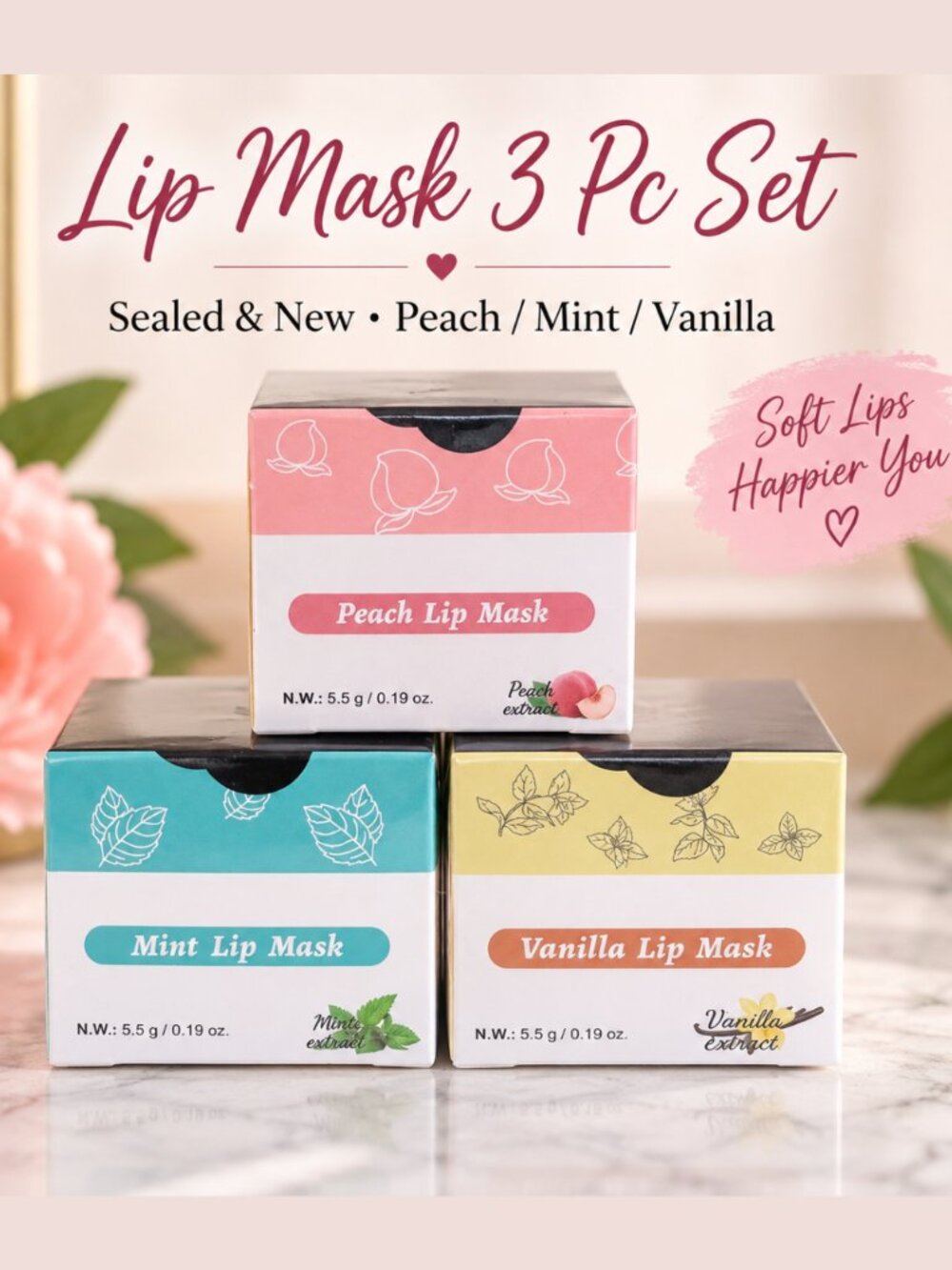 New Sealed 3 Pc Lip Mask Set Peach Mint Vanilla Hydrating Lip Care Bundle